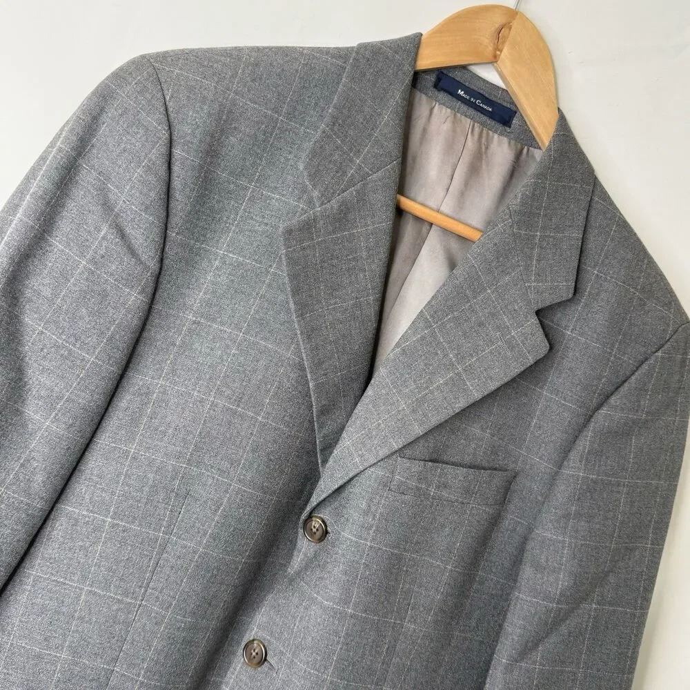 VTG 90s Ralph Lauren Wool 2Pc Suit 40R Gray 34 Waist Windowpane Plaid Canada